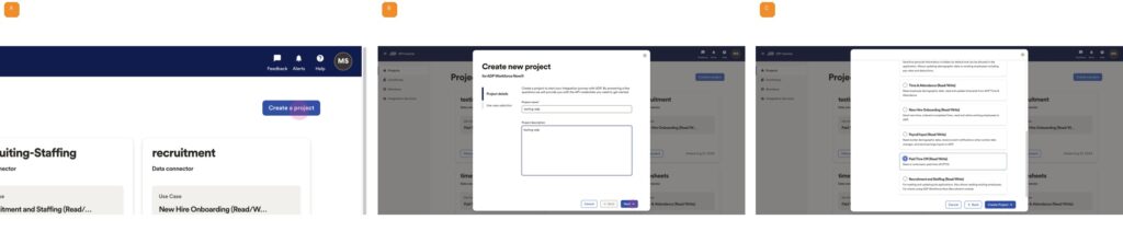 A. Create a project   B. Name the project   C. Select Paid Time Off (1/2)