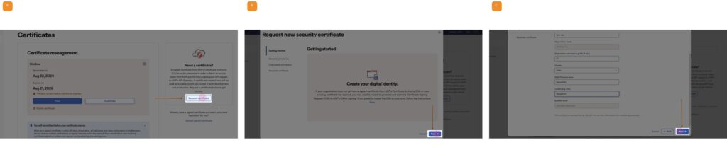 A. Open Certificates   B. Request a certificate   C. Complete the certificate setup (1/2)