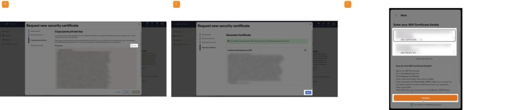D. Copy the Private Key   E. Generate and view the certificate   F. Paste certificate details and connect (2/2)