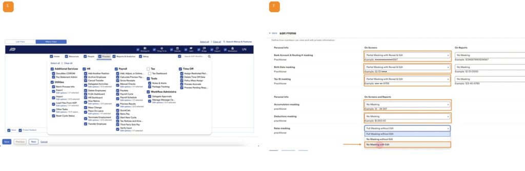 E. Select the required Menus & Features   F. Confirm the masking settings (2/4)