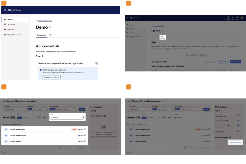 A. Open the project   B. Open APIs   C. Add v2/workers scopes   D. Commit to Project (4/4)