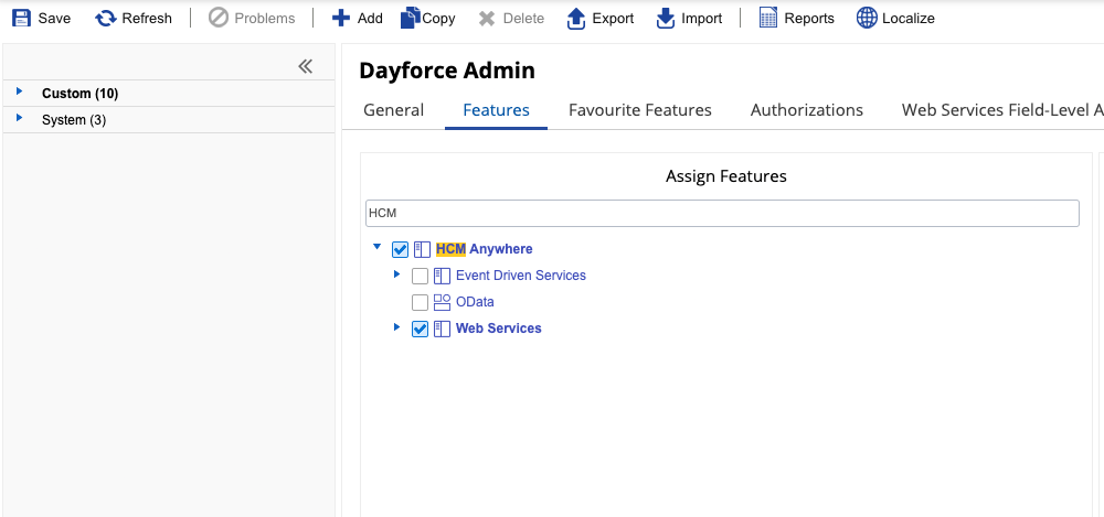 Open the role Features tab and confirm HCM Anywhere and Web Services are enabled.