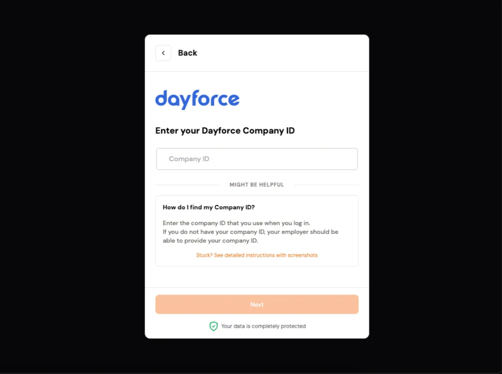 Enter your Dayforce Company ID in the secure connection window.