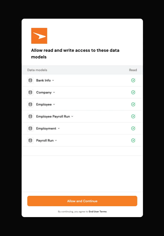 Review the requested Paycor data access, then select Allow and Continue.