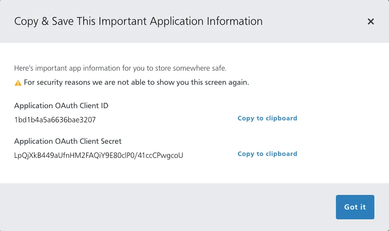 Save the OAuth Client ID, Client Secret, and APIm Subscription Key. You will use all three later in the connection process. (1/2)