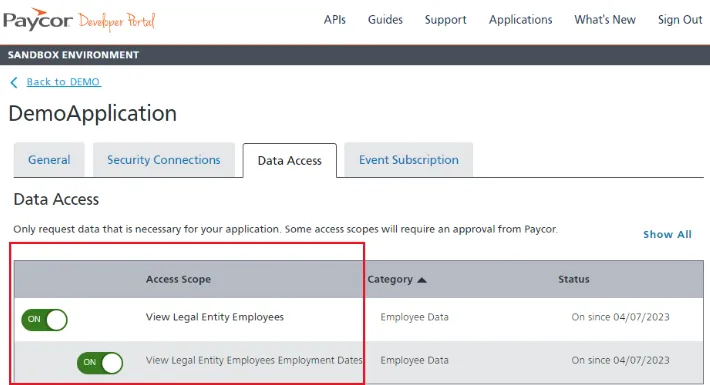 In the Data Access tab, enable only the employee data permissions required for the connection.