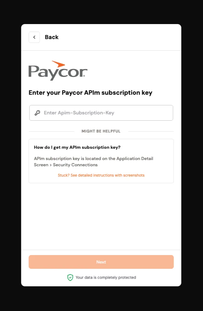 Screenshot: Connect Paycor to Clarity (1/2)