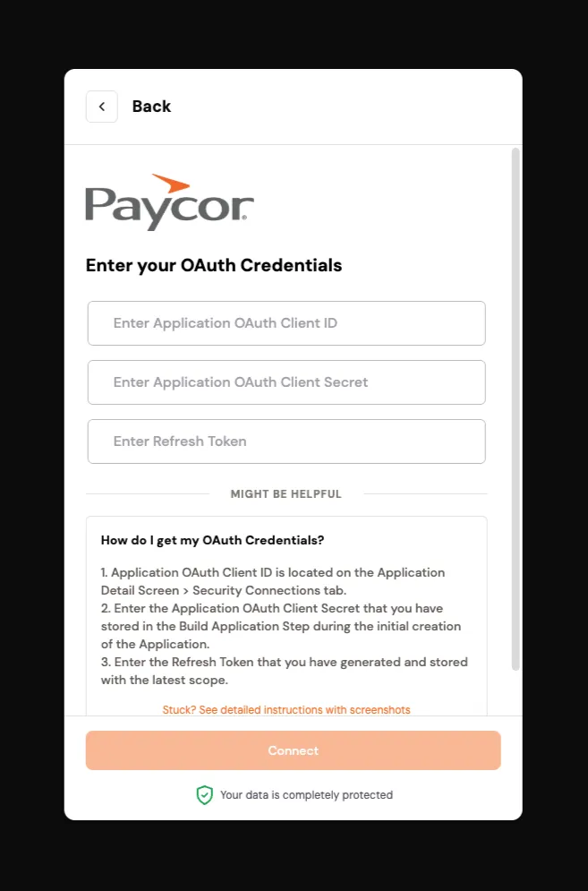 Screenshot: Connect Paycor to Clarity (2/2)