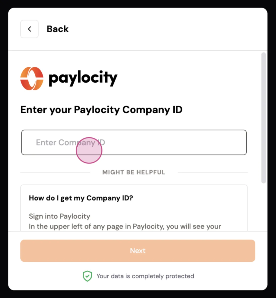 Find the Company ID in Paylocity, then enter it in the secure connection window. (2/2)