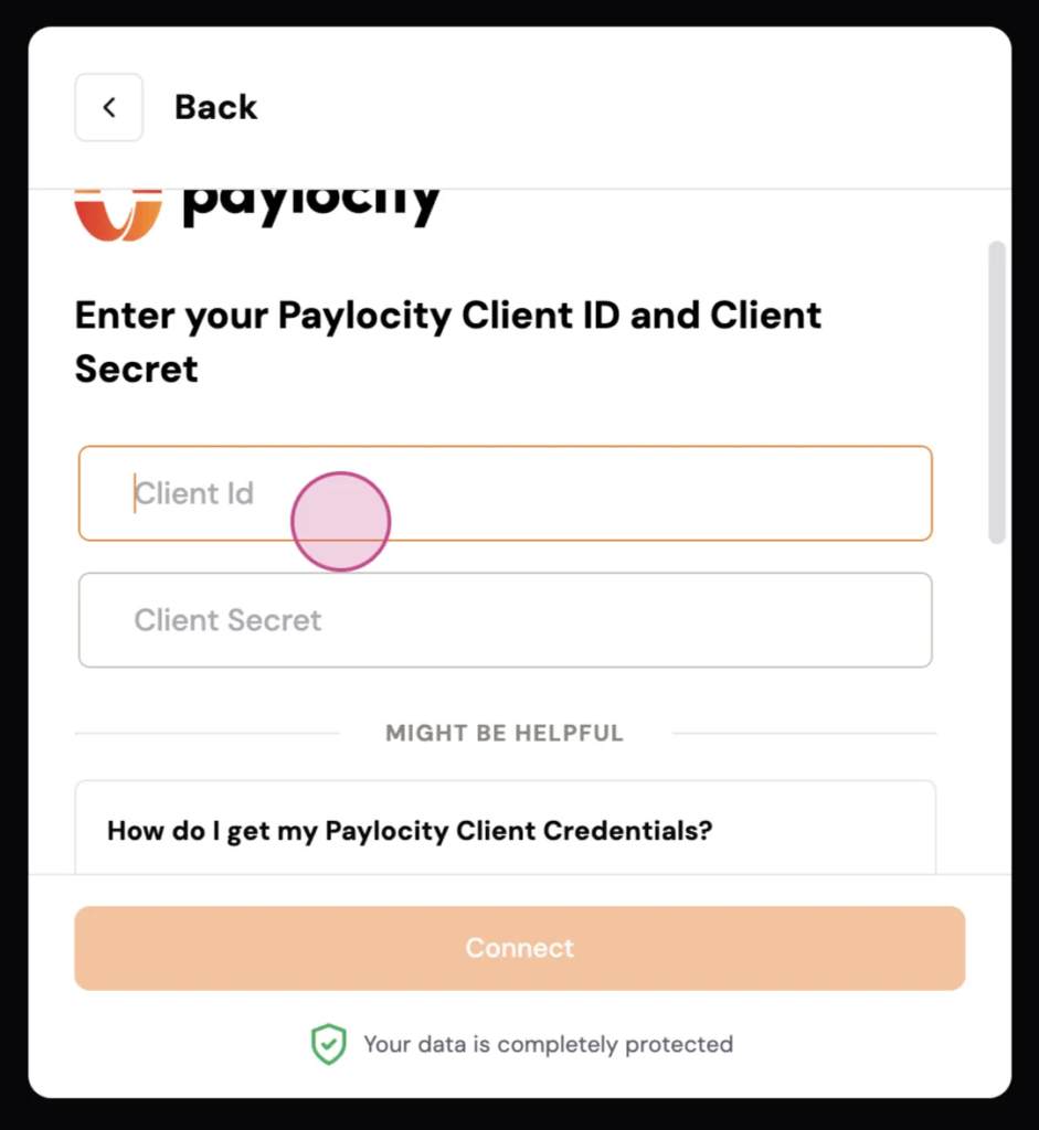 When Paylocity provides the credentials, return to the secure Clarity connection window.