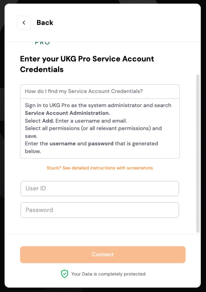 Enter your service account credentials, Web Services subdomain, and domain in the secure connection window. (1/4)