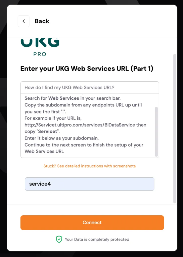 Enter your service account credentials, Web Services subdomain, and domain in the secure connection window. (2/4)