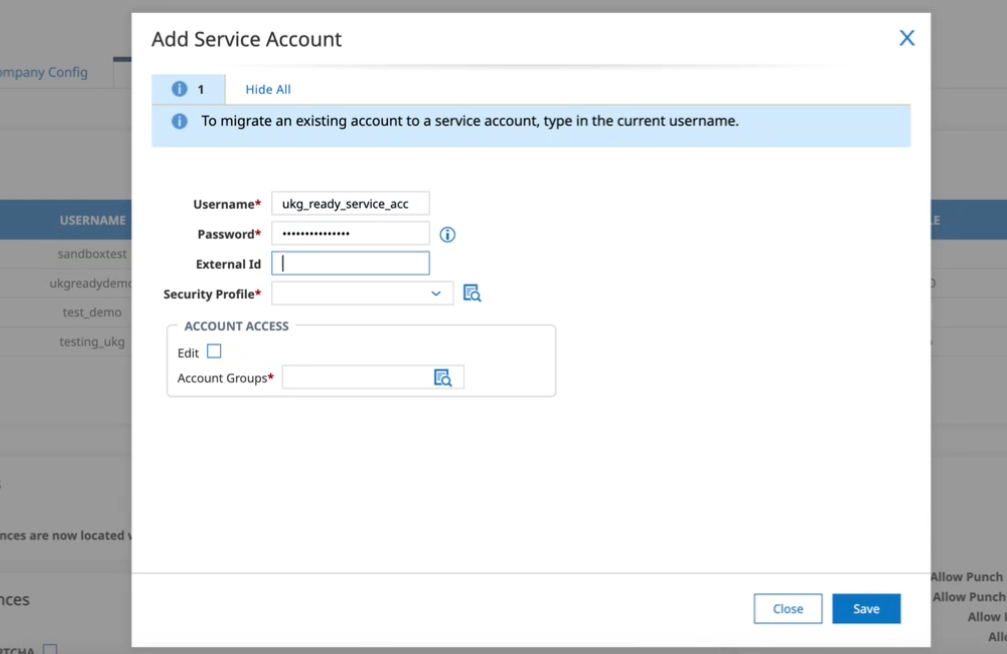 Create the service account.   Set Account Access to All Company Employees. (2/3)