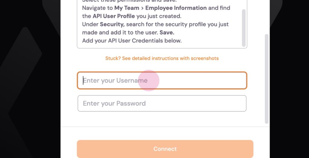 Enter the service account credentials created in UKG Ready. (1/2)